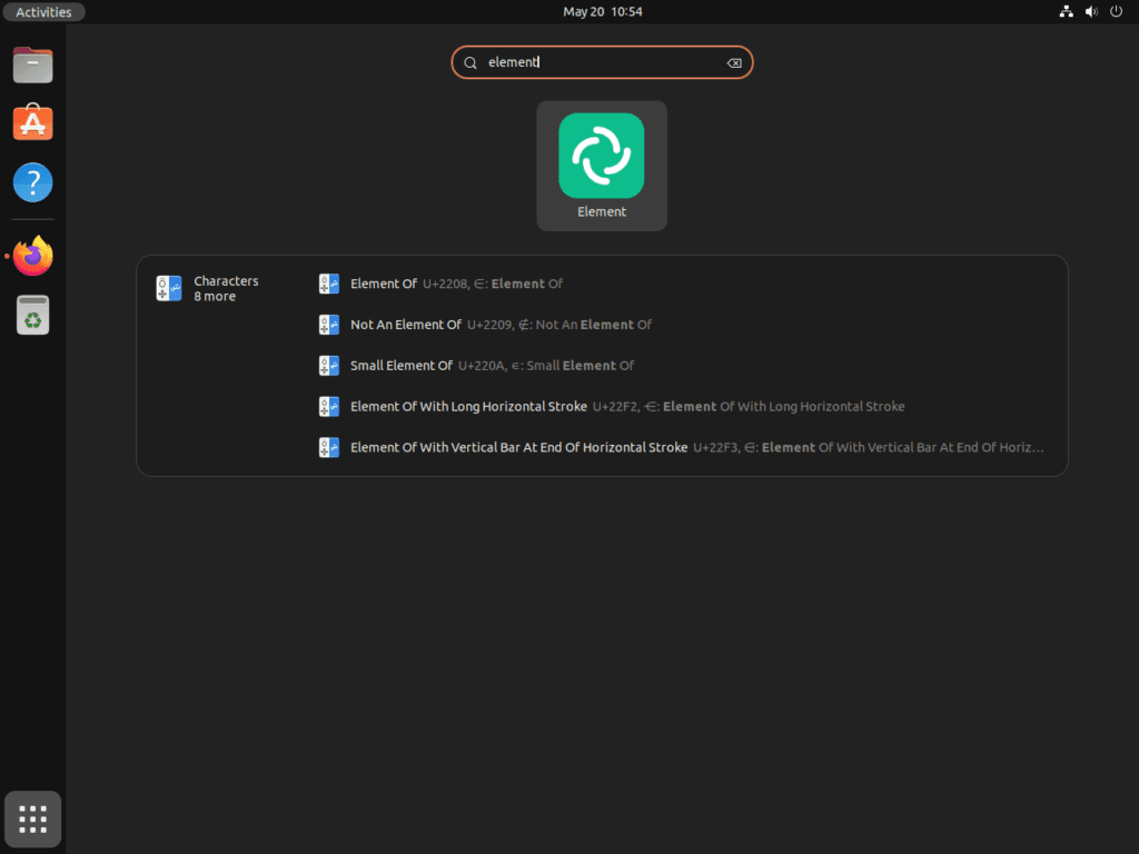 Screenshot showing the Element Desktop Client icon on Ubuntu 22.04 or 20.04 desktop.