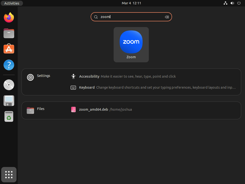 example launching zoom from application menu on ubuntu 22.04 or 20.04 lts