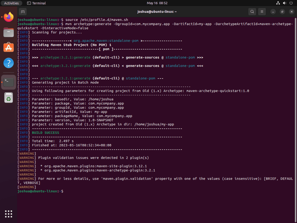 Screenshot of Apache Maven test project output on Ubuntu 22.04 or 20.04.