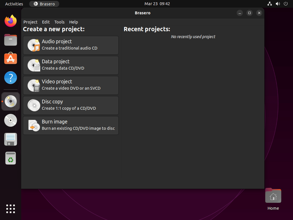 User interface of Brasero on Ubuntu 22.04 or 20.04 desktop.