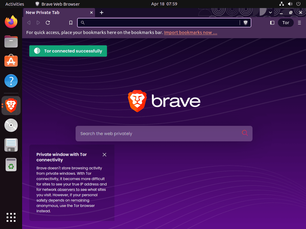 Screenshot illustrating the option to use Brave Browser with Tor integration on Ubuntu 22.04 or 20.04.