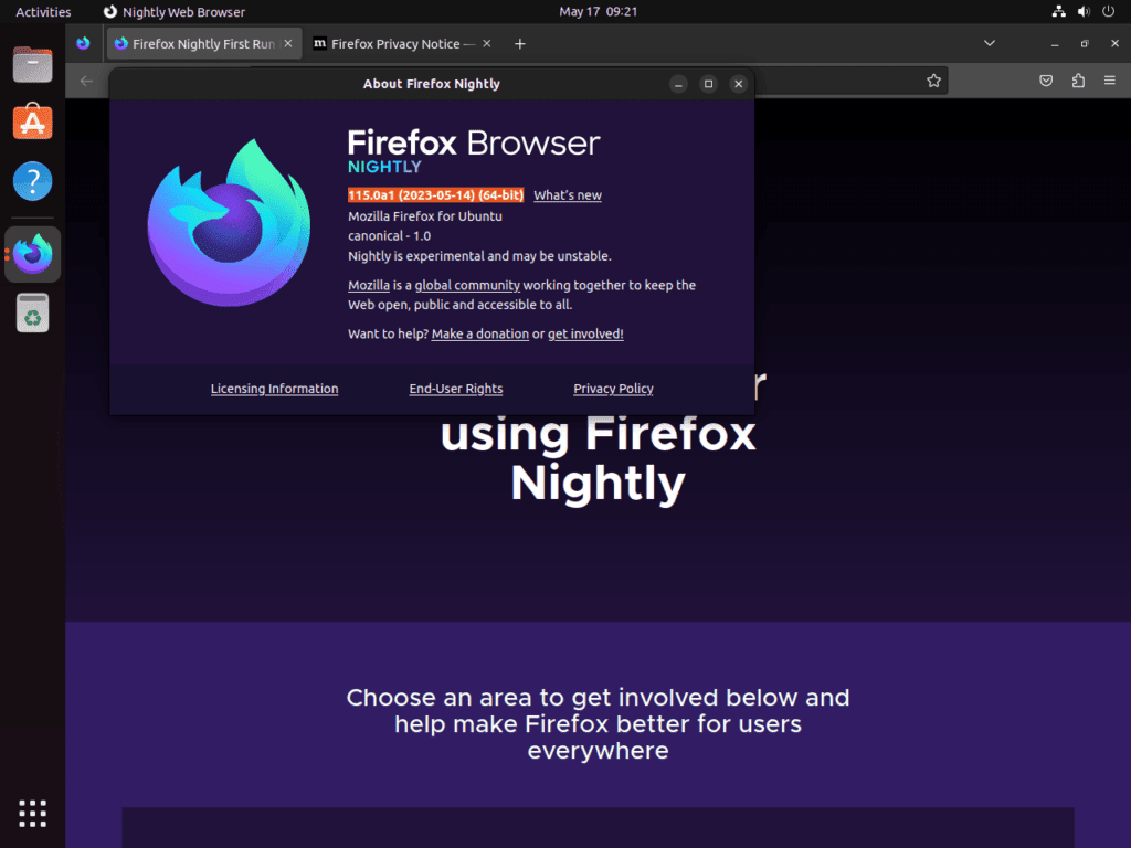 Screenshot of Firefox Developer Nightly on Ubuntu 22.04 or 20.04, emphasizing the 'a' for Alpha in the version number.