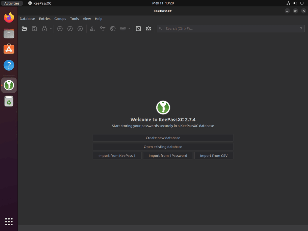 Screenshot showcasing the default user interface of KeePassXC on Ubuntu 22.04 or 20.04.