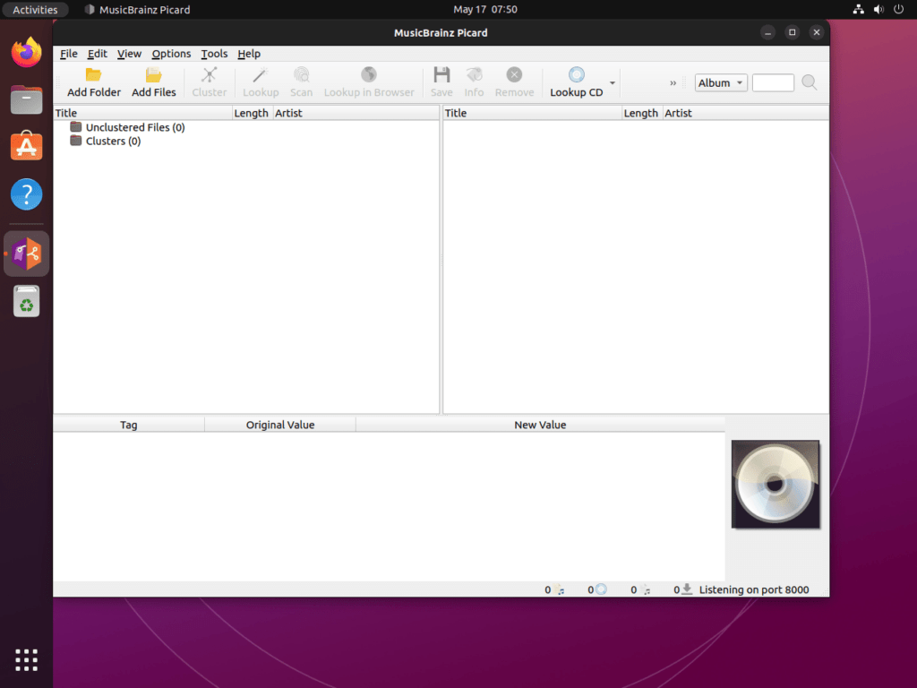 Screenshot of MusicBrainz Picard's default user interface on Ubuntu 22.04 or 20.04.