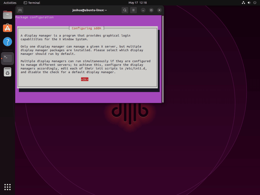Screenshot displaying the SDDM display manager warning when installing KDE Plasma on Ubuntu 22.04 or 20.04.