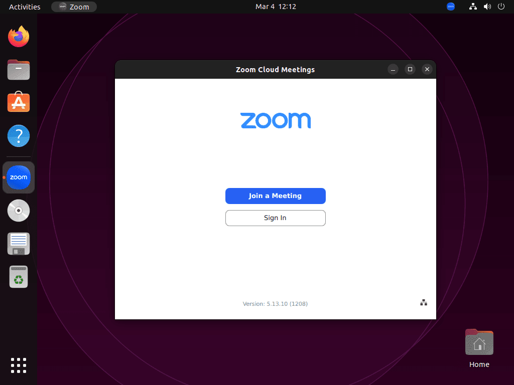 Zoom sign in page user interface on Ubuntu 24.04, 22.04, or 20.04.