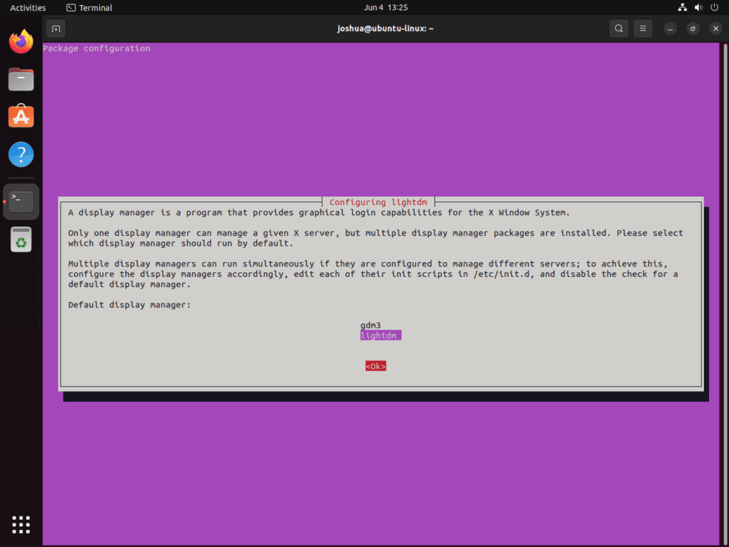 Screenshot showing the prompt to switch to lightdm for LXDE during Ubuntu 22.04 or 20.04 Linux installation.