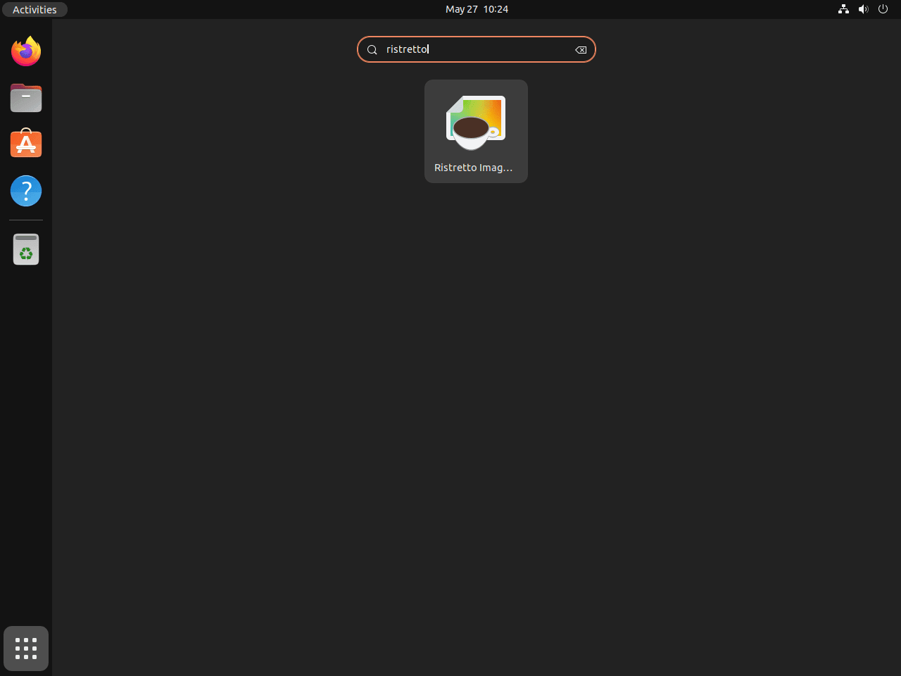 Launching Ristretto Image Viewer from the application icon on Ubuntu.