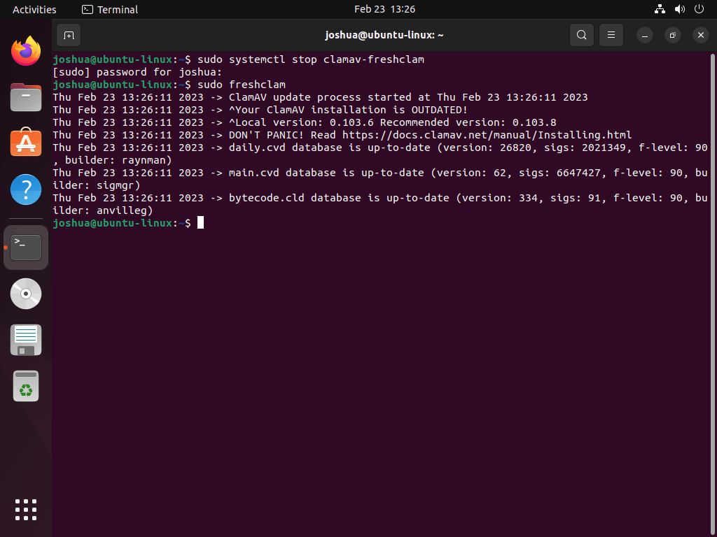 example running freshclam for clamav on ubuntu 22.04 or 20.04 lts