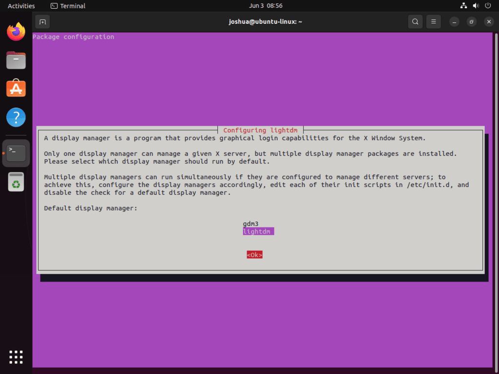 Terminal screen prompt showing lightdm selection for installing Ubuntu MATE on Ubuntu 22.04 or 20.04"