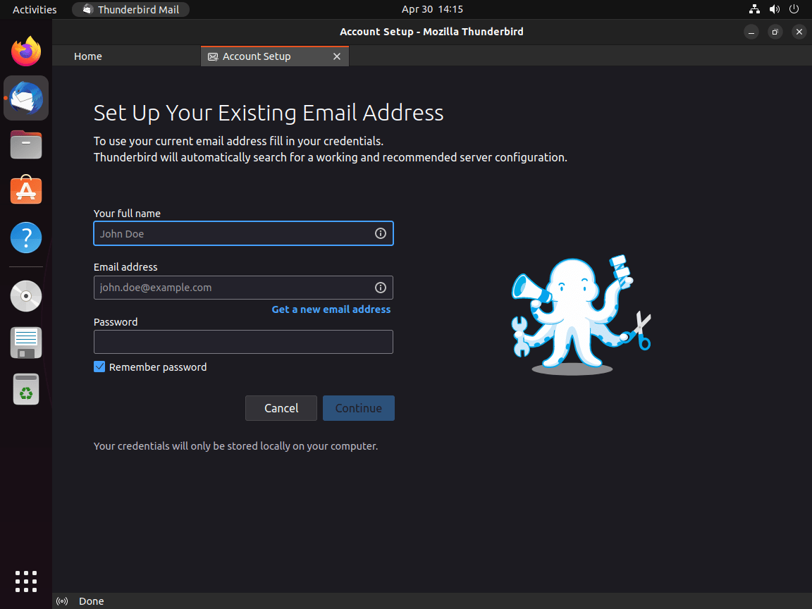Adding an email account to Thunderbird on Ubuntu 24.04, 22.04, or 20.04.