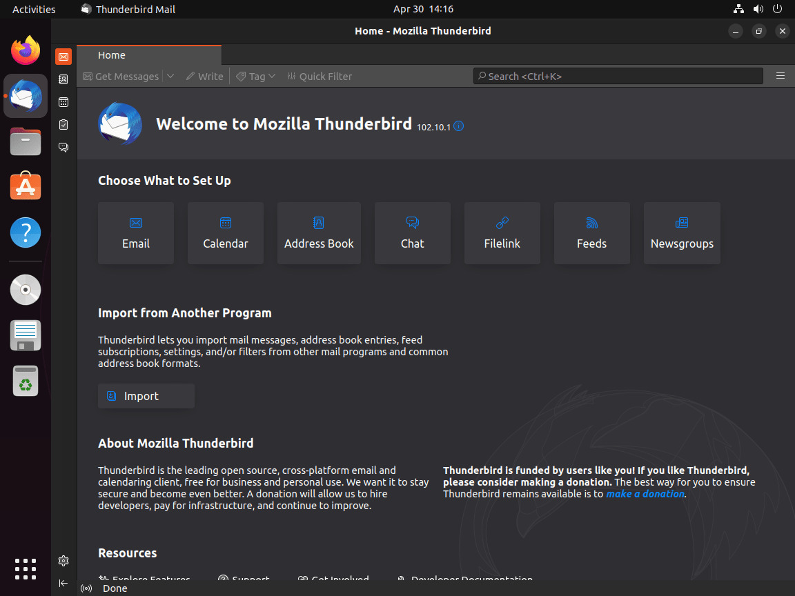 Overview of Thunderbird’s user interface on Ubuntu 24.04, 22.04, or 20.04.