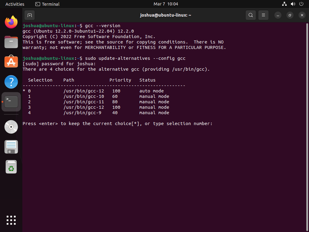 gcc compiler alternative versions command example output on ubuntu 22.04 or 20.04 lts