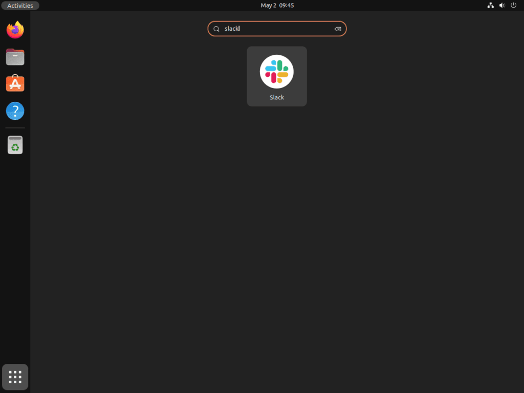 Screenshot of launching Slack from the application menu on Ubuntu 22.04 or 20.04.