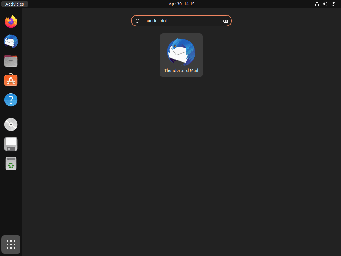 Launching Thunderbird from the application menu in Ubuntu 24.04, 22.04, or 20.04.