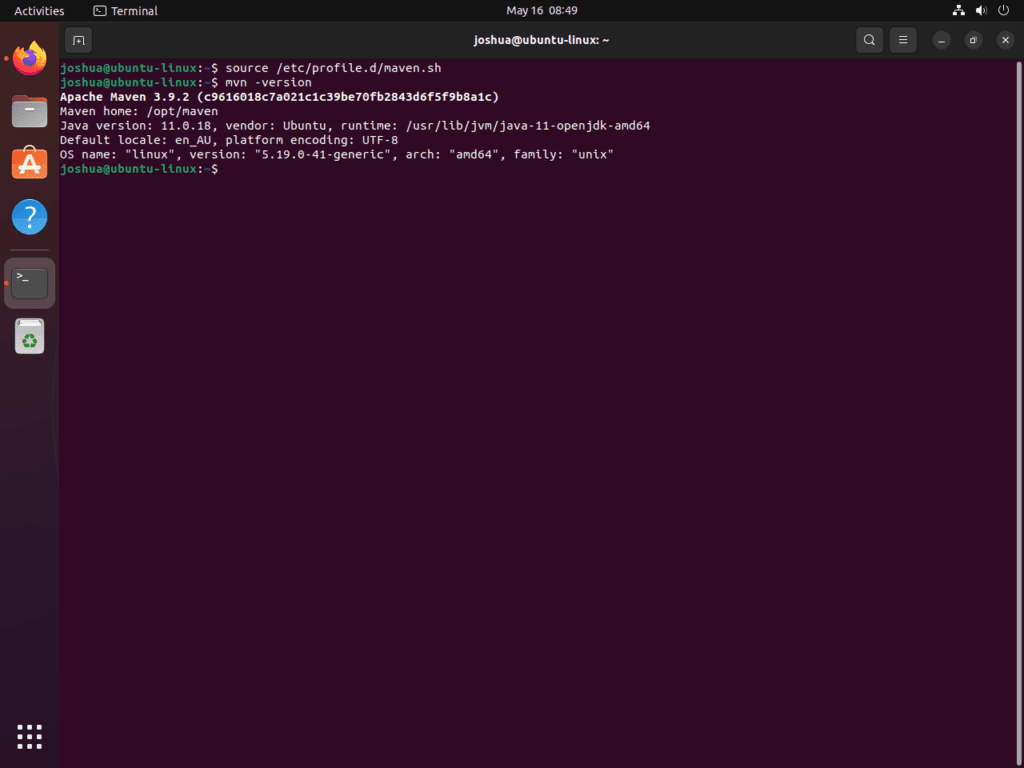 Screenshot of Maven manual installation version output on Ubuntu 22.04 or 20.04.