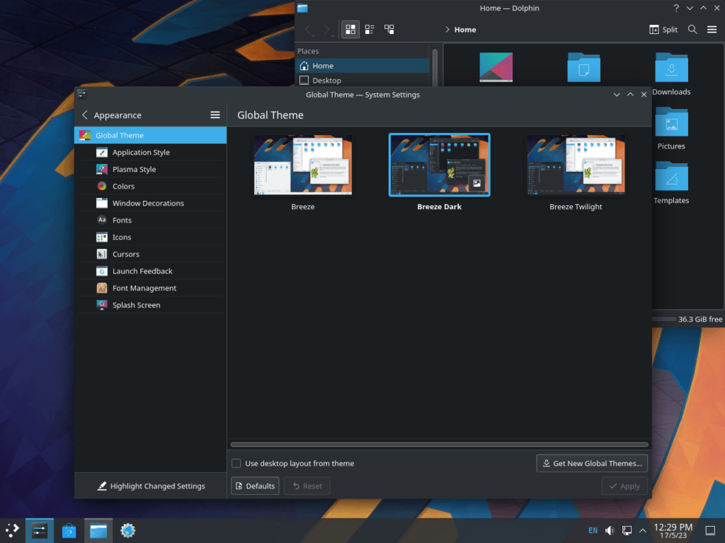 Screenshot showcasing various themes available on KDE Plasma Desktop for Ubuntu 22.04 or 20.04.