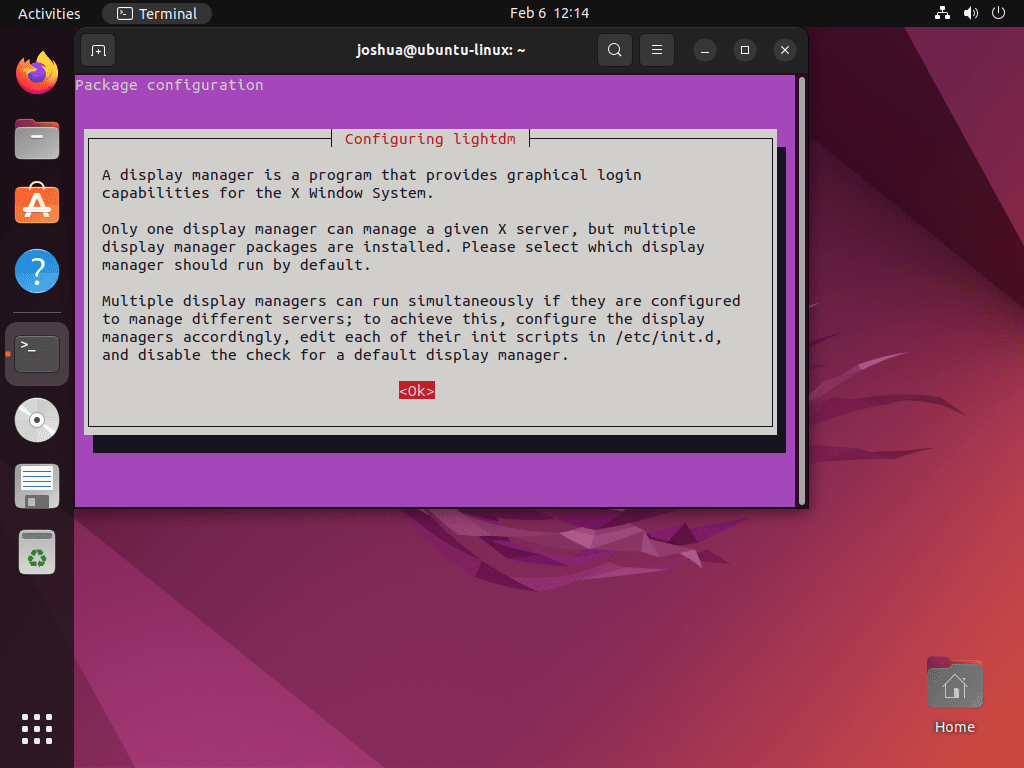ubuntu kylin warning message about selecting lightdm on ubuntu 22.04 or 20.04 lts