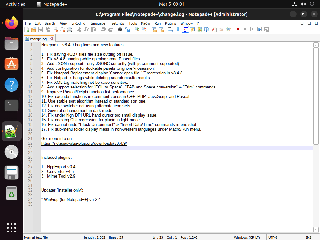 wine install on ubuntu 22.04 or 20.04 lts - notepad++ open and working