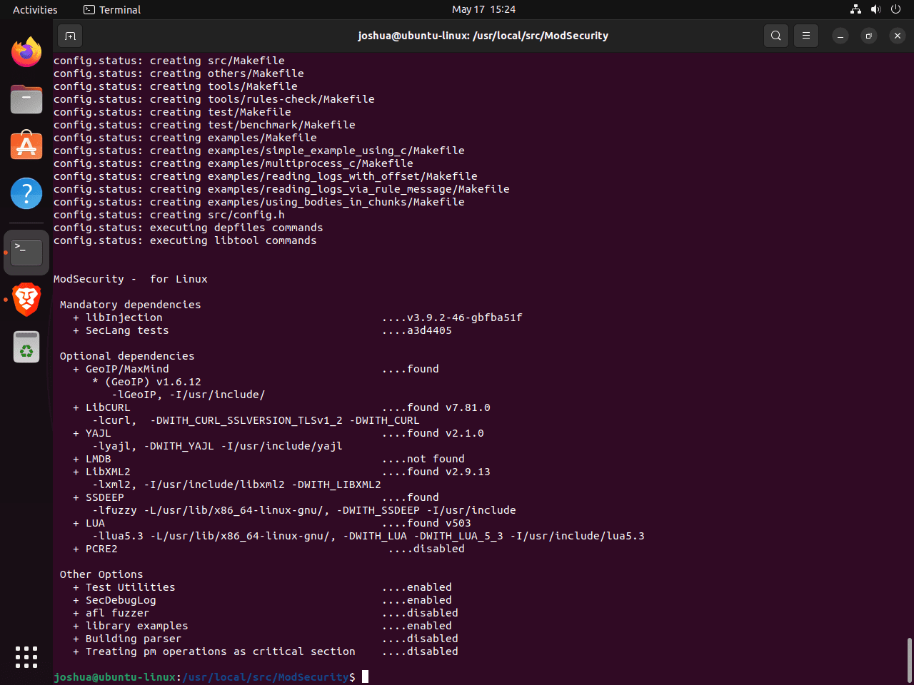 example of configure terminal output with modsecurity 3 and nginx on ubuntu linux