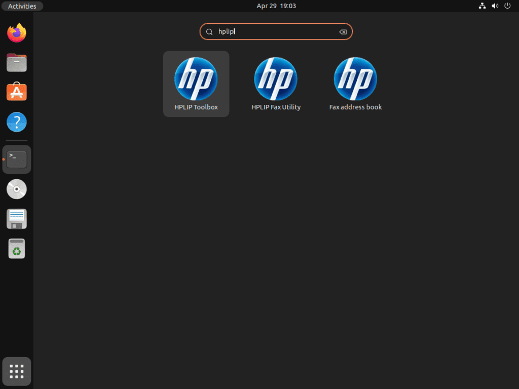 Screen capture showing the launch process of HPLIP applications on Ubuntu.