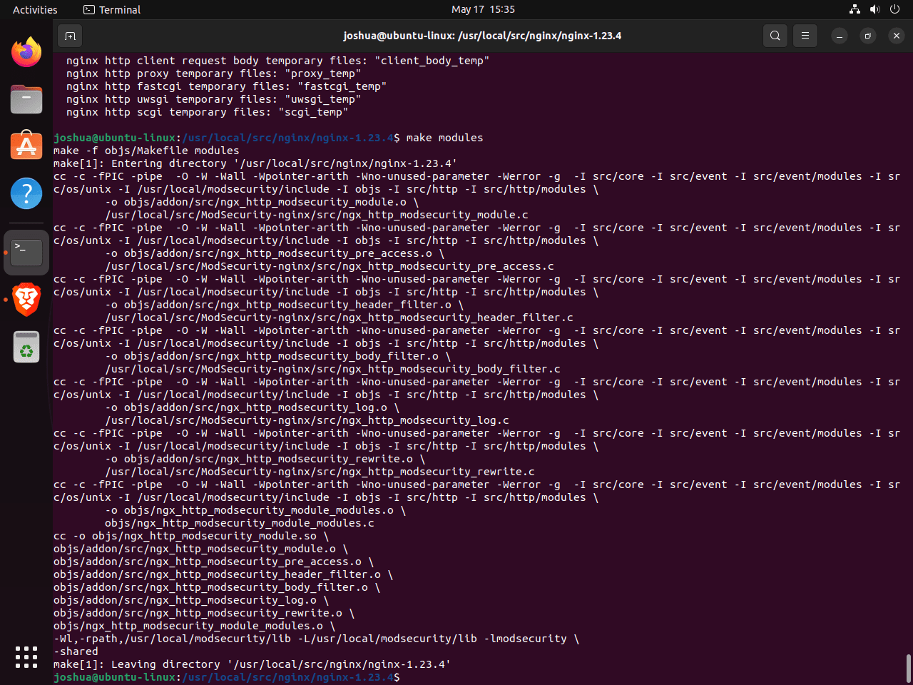 example of make modules terminal output for modsecurity nginx connector on ubuntu linux