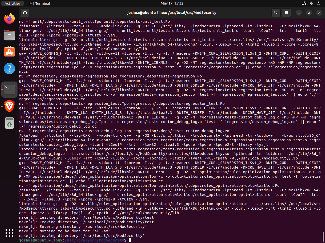 example of make terminal output for modsecurity 3 and nginx with ubuntu linux
