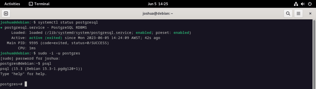 Screenshot of the psql command prompt in Debian Linux terminal.