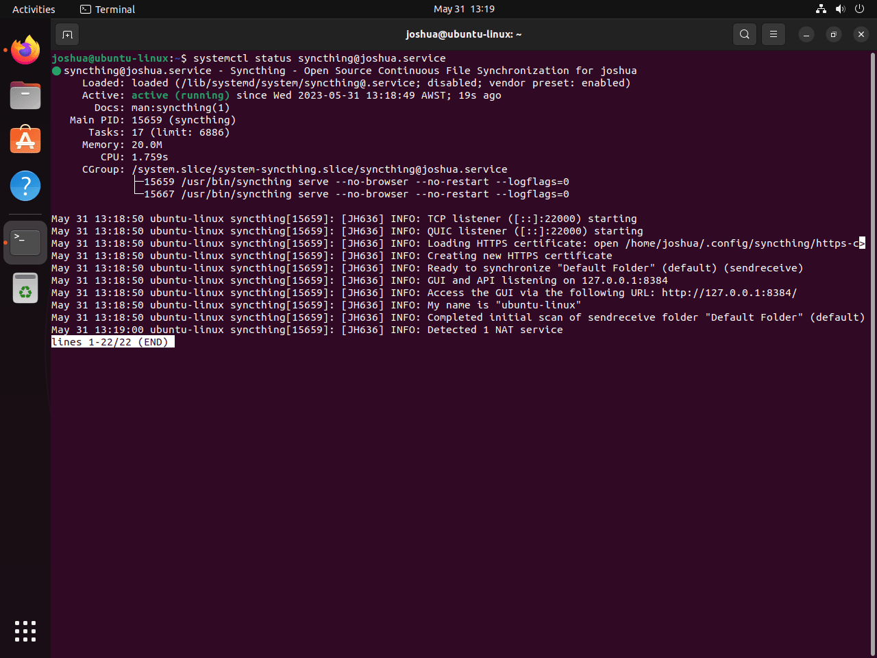 example of syncthing systemd status on ubuntu linux