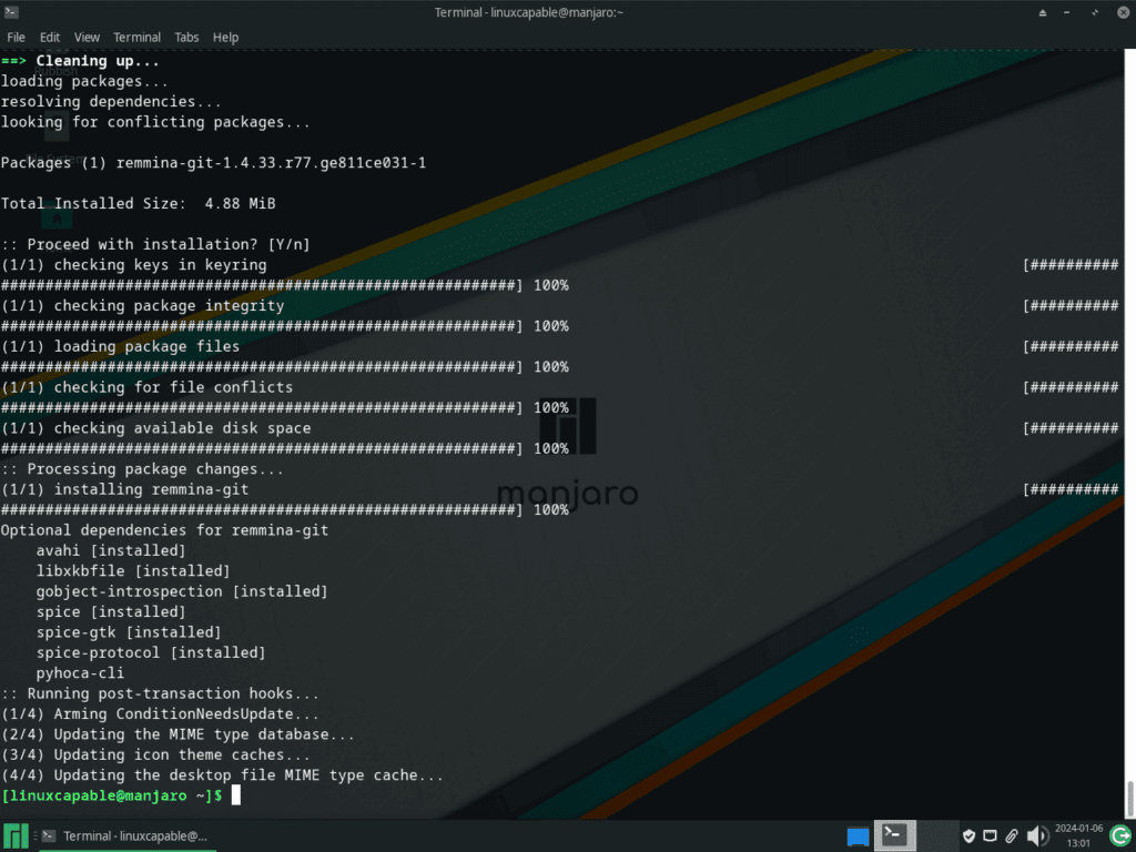 Screenshot showing successful installation of Remmina on Manjaro Linux