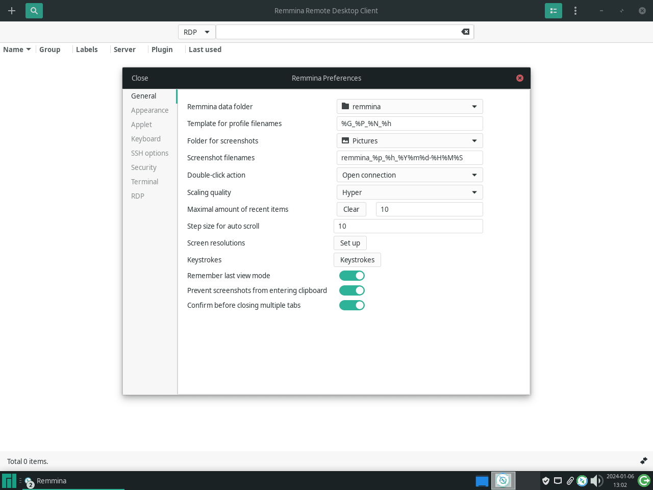 Open Remmina application on a Manjaro Linux desktop