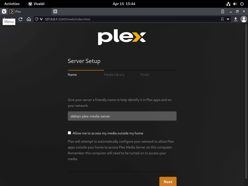 plex media server with debian linux - example name media server and allow or not access to outside