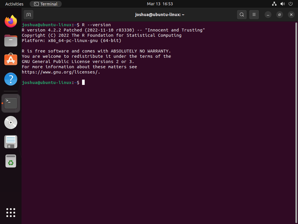 r lang version printout for ubuntu 22.04 or 20.04 lts