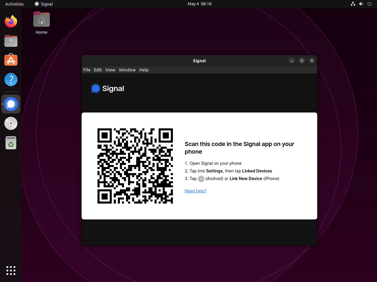 sign into to signal messenger with qr code on ubuntu linux