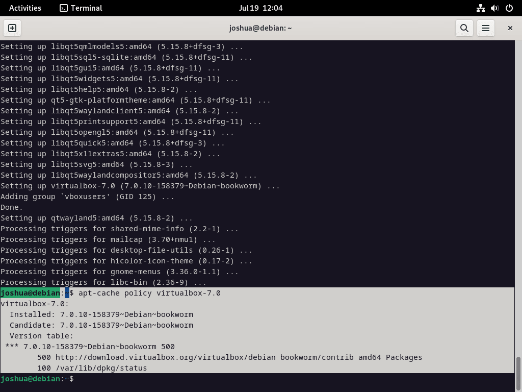 Screenshot of apt-cache policy command for VirtualBox 7 on Debian Linux.