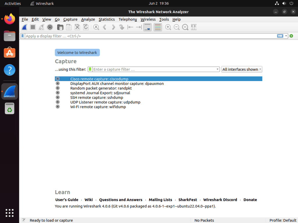 Screenshot of Wireshark's default user interface on Ubuntu 22.04 or 20.04, indicating successful installation.