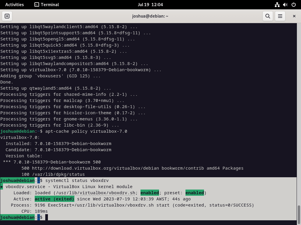 Screenshot of systemctl command showing vboxdrv status with VirtualBox 7 on Debian Linux.