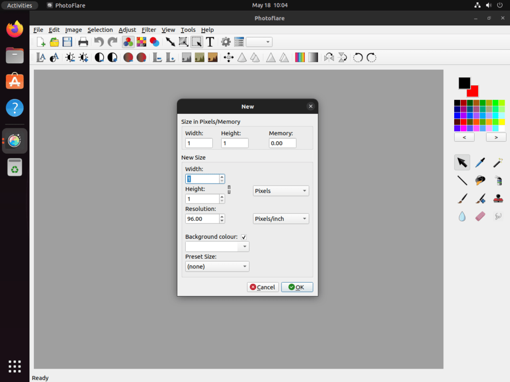 Screenshot of PhotoFlare's default user interface on Ubuntu 22.04 or 20.04, indicating a successful installation.
