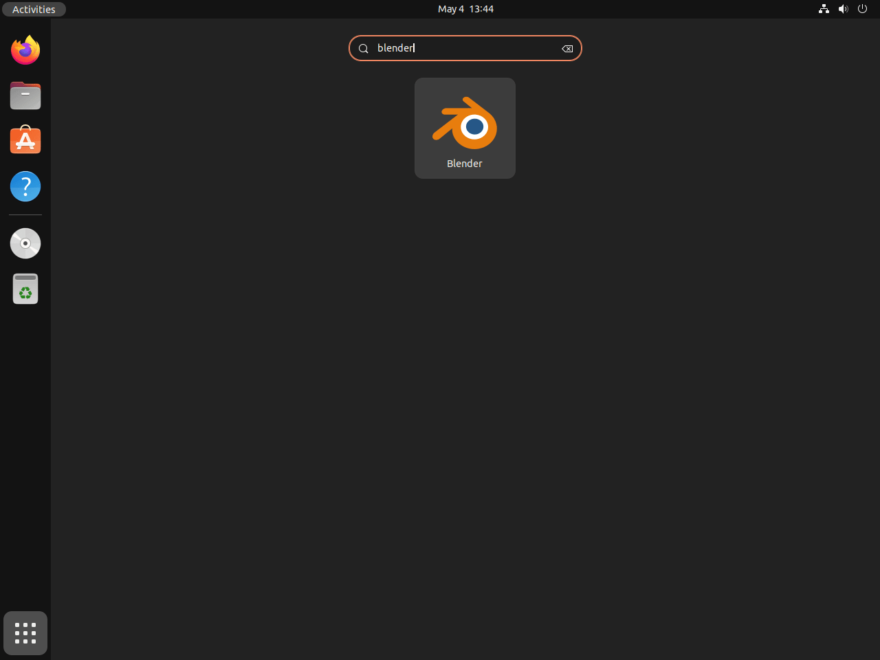 Launching Blender from the application icon on Ubuntu 24.04, 22.04, and 20.04.
