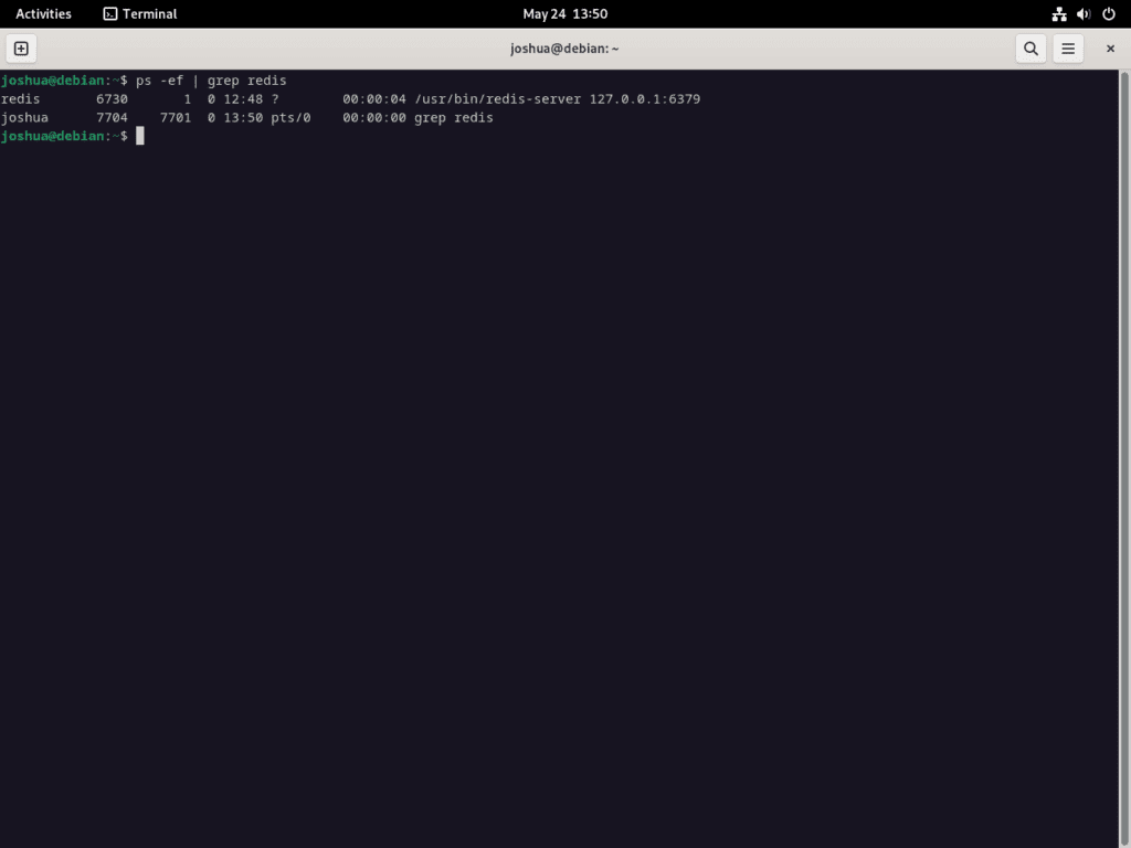 Screenshot of ps -ef and grep command output confirming Redis is listening on the default port on Debian 12, 11, or 10.