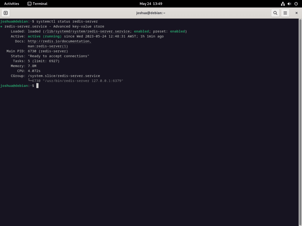 Screenshot displaying systemctl status command indicating Redis is running on Debian 12, 11, or 10.