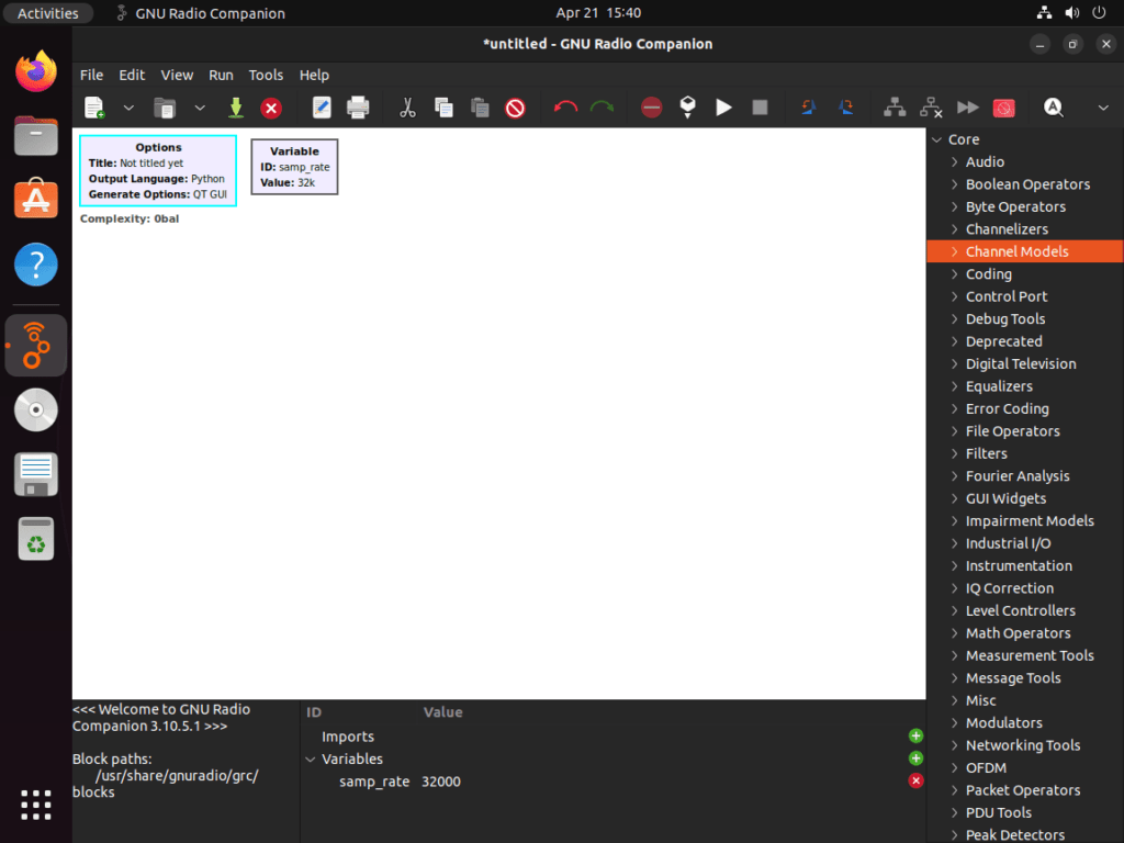 Default screen of GNU Radio Companion after launching on Ubuntu 22.04 or 20.04.
