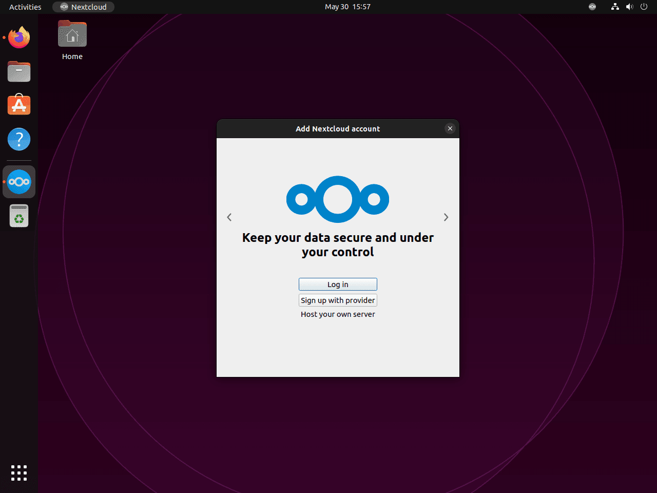 Nextcloud Desktop ready for use on Ubuntu after successful installation.