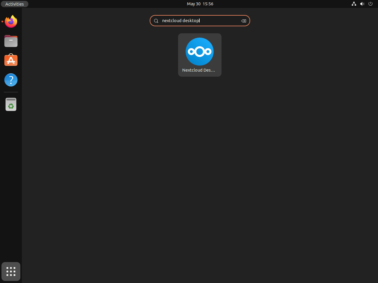 Launching Nextcloud Desktop from Ubuntu application menu tutorial screenshot.