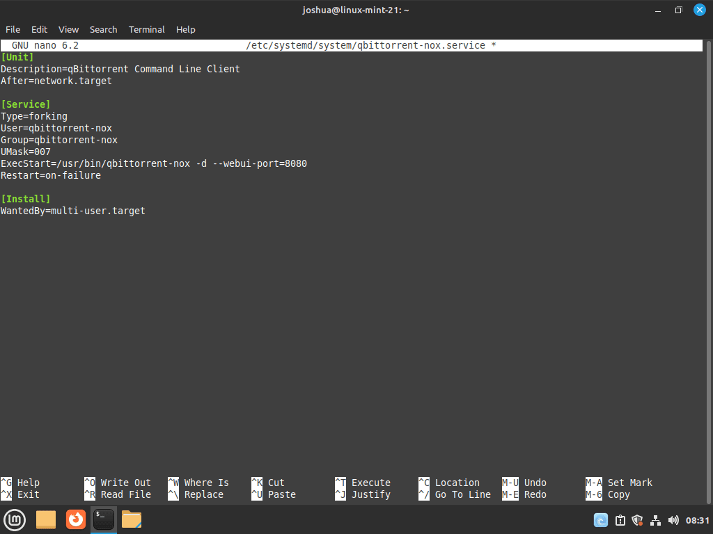 Screenshot illustrating the creation of a systemd service for qbittorrent-nox on Linux Mint 21/20.