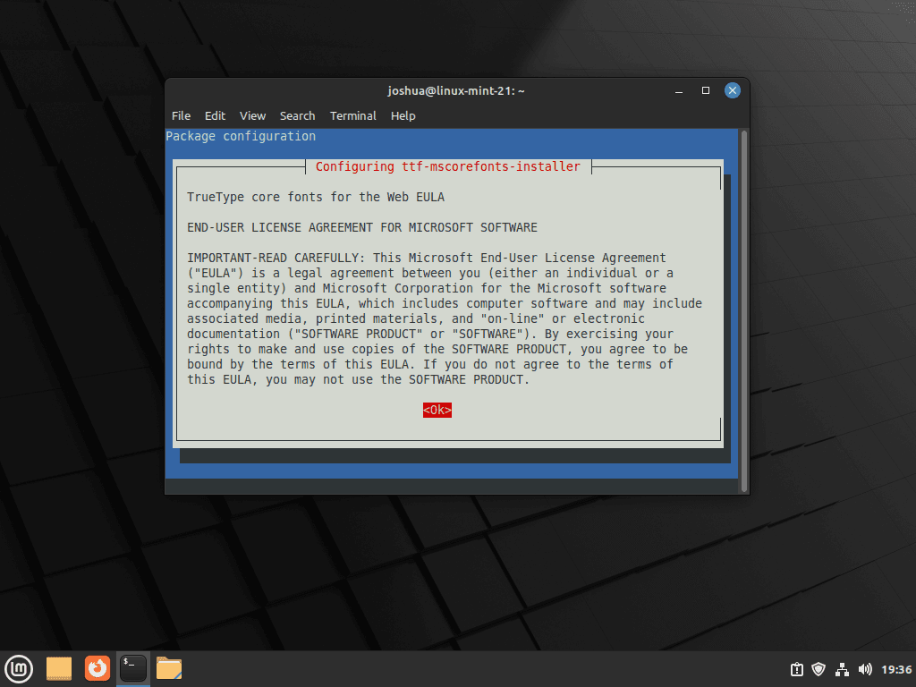 example of eula agreement for microsoft fonts installation on linux mint 21 or 20