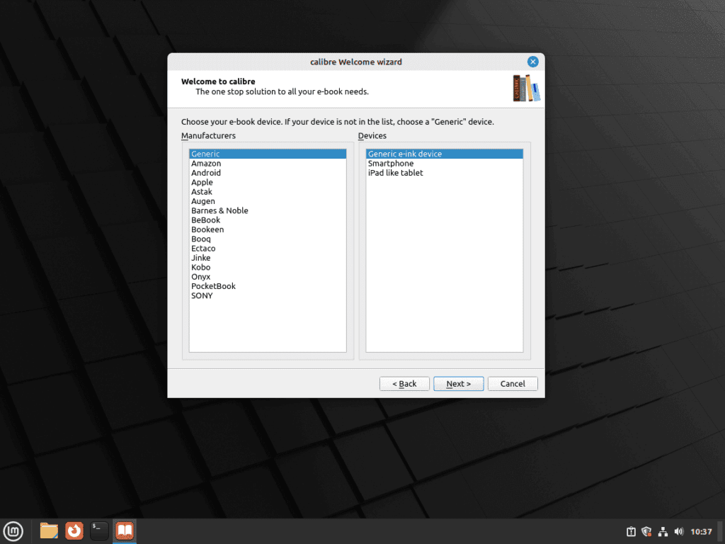 Calibre setup on Linux Mint: choosing the appropriate device format.