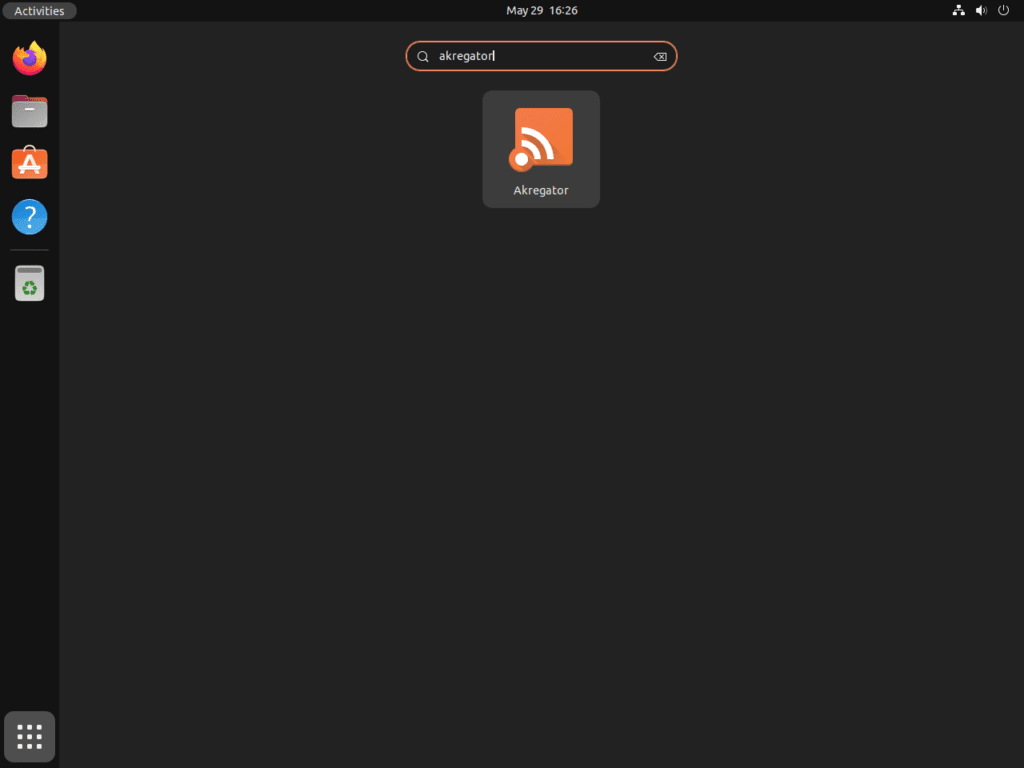 Screenshot showcasing the Akregator application icon on Ubuntu 22.04 or 20.04 Linux desktop.