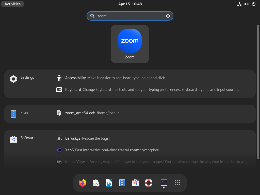 Screenshot showing Zoom's GUI icon on Debian Linux ready for launch.