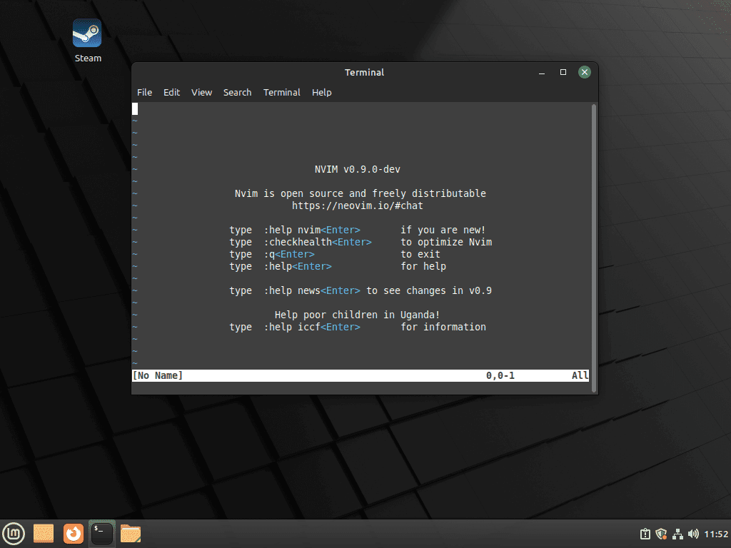 Screenshot displaying Neovim’s default UI upon first launch on Linux Mint 21 or 20 desktop.
